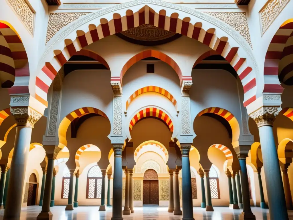 Detalle fotorealista de la Gran Mezquita de Córdoba, resaltando su legado del Califato de Córdoba en arcos y patrones islámicos