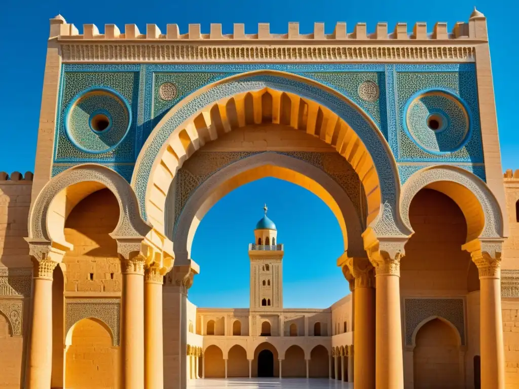 Detalle fotorealista de la Gran Mezquita de Kairouan, resaltando la rica arquitectura Aglábida en el norte de África