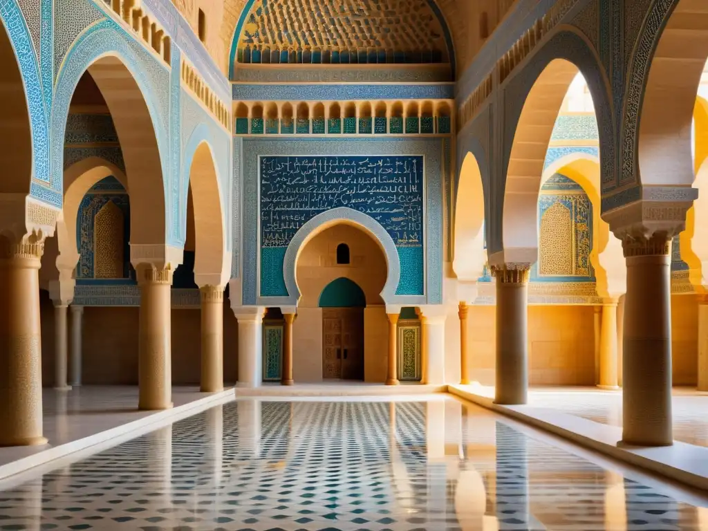 Detalle fotorealista de la Gran Mezquita de Kairouan, con patrones geométricos y caligrafía árabe