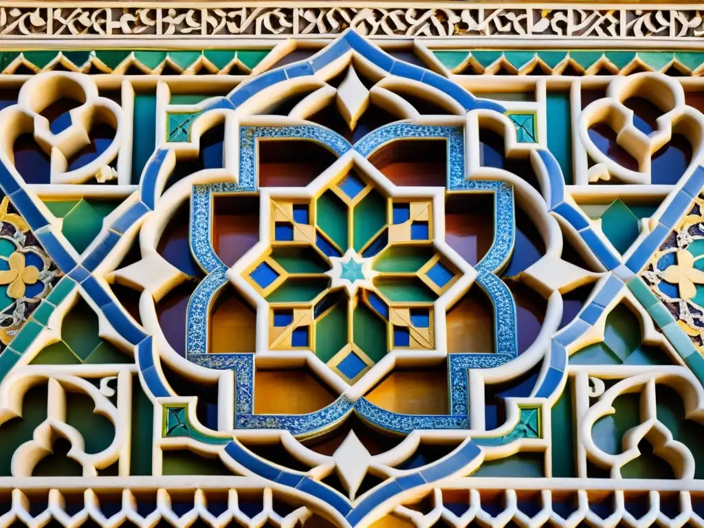 Detalle fotorealista de las intrincadas formas geométricas y arabescos en la Alhambra, mostrando el significado de la numerología en el arte islámico