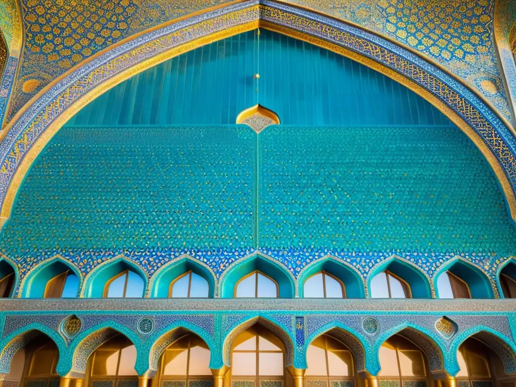 Detalle fotorealista del intrincado trabajo de azulejos y patrones geométricos en la fachada de la Mezquita Sheikh Lotfollah en Isfahán, Irán