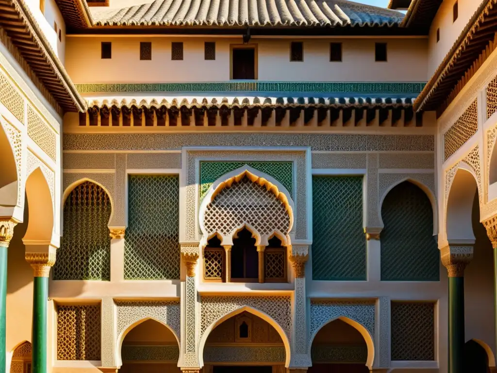 Detalle fotorealista de la Alhambra, con intrincados diseños árabes y la convivencia de las tres culturas en la Península Ibérica