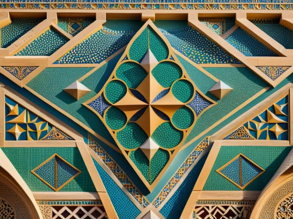 Detalle fotorealista de los intrincados patrones de mosaico del palacio del desierto de Qasr Amra, destacando la influencia cultural y logros artísticos del Islam temprano