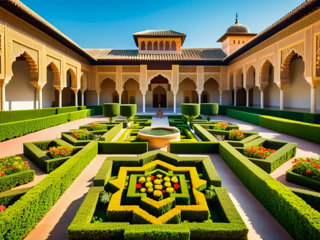 Detalle fotorealista de la Alhambra en Granada, con jardines islámicos y geometría sagrada en la arquitectura