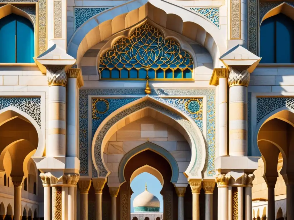 Detalle fotorealista de materiales construcción mezquitas históricas en majestuosa fachada de mármol y piedra, iluminada por el sol