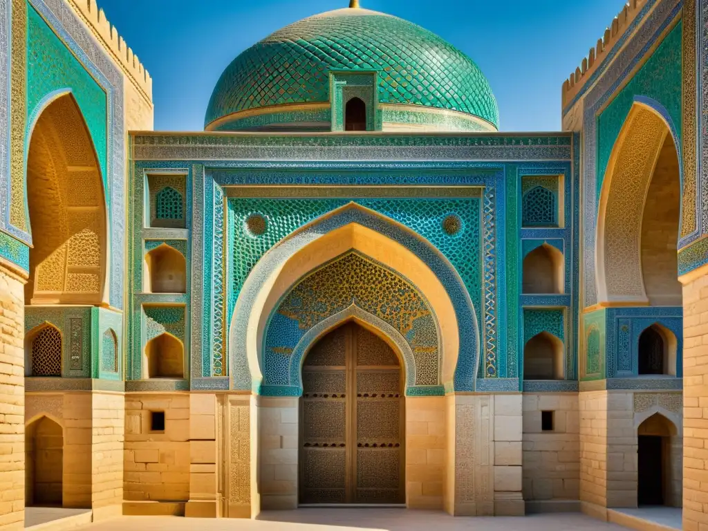 Detalle fotorealista del mausoleo de Ismail Samani en Bukhara, destacando la difusión del Islam en Asia Central a través de su arquitectura de ladrillo intrincada y patrones geométricos