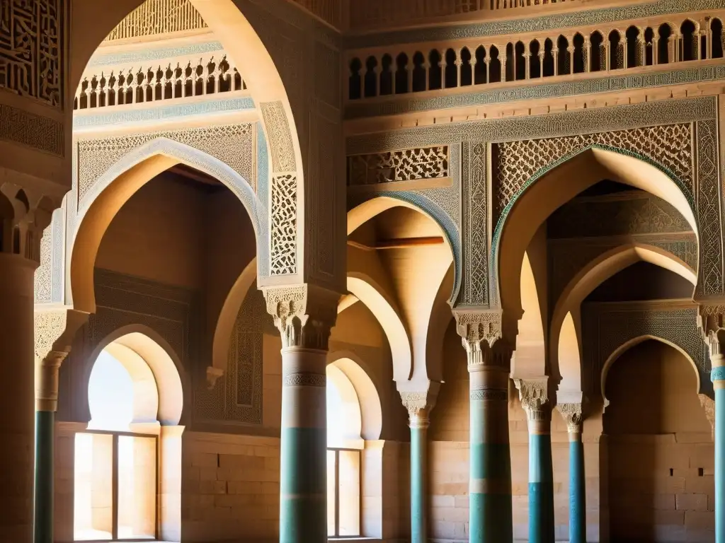 Detalle fotorealista del interior ornamental de la Mezquita de Ibn Tulun en El Cairo, Egipto, reflejando el arte tuluní en la era dorada