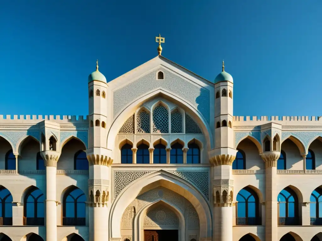 Detalle fotorealista del Palacio de los Shirvanshahs en Azerbaiyán, con ornamentos arquitectónicos y paisaje pintoresco