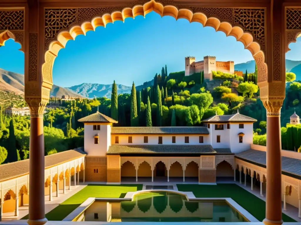 Detalle fotorealista de los palacios nazaríes de la Alhambra, resaltando la esencia del arte islámico en España durante la Reconquista