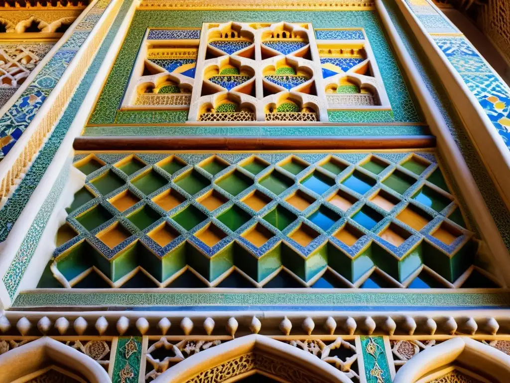 Detalle fotorealista de los patrones geométricos e intrincado trabajo de azulejos en la Alhambra, reflejando la influencia del Islam en España