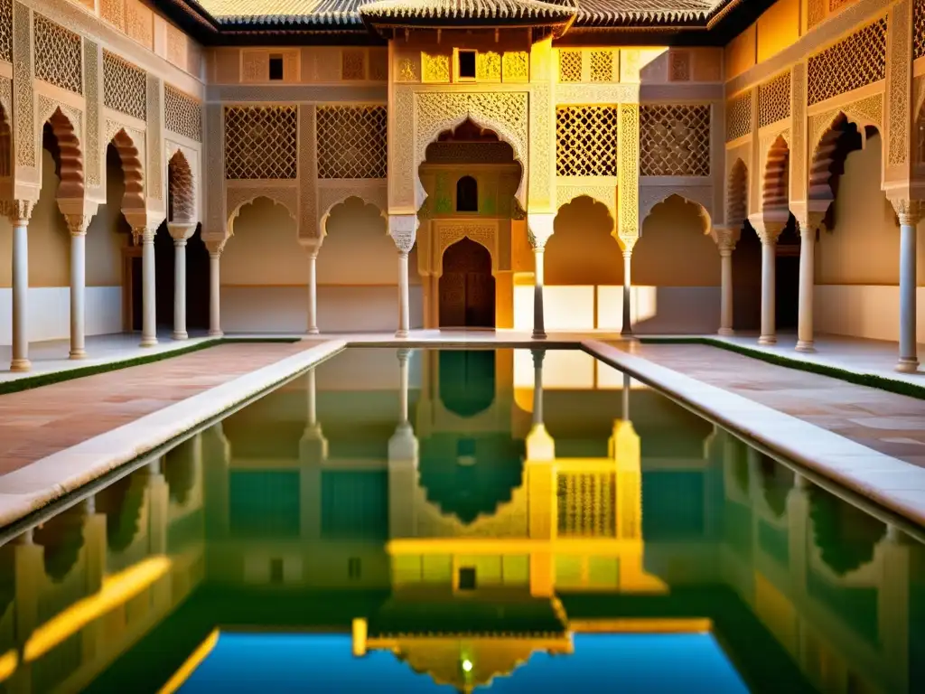 Detalle fotorealista de la Alhambra en Granada, con patrones islámicos y sombras dinámicas, preservación del patrimonio islámico en Europa