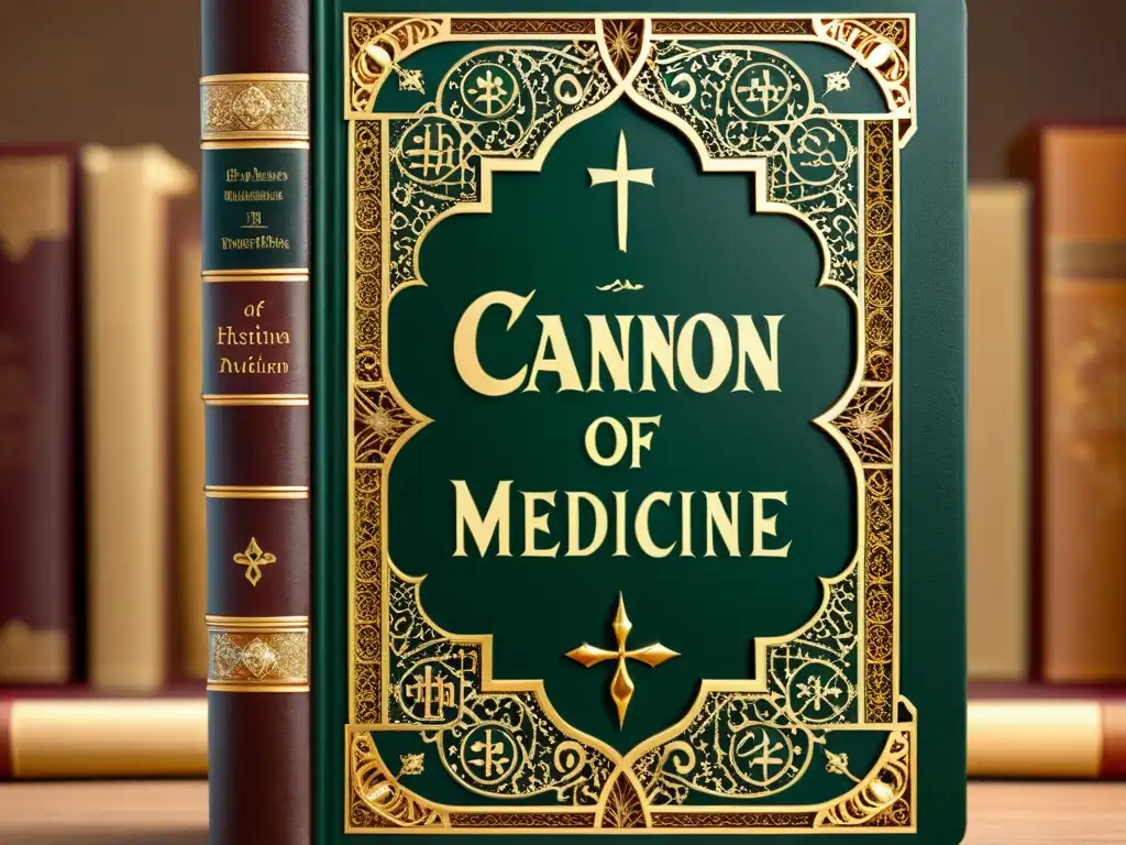 Detalle fotorealista de la portada del Canon de Medicina de Avicena, resaltando su importancia histórica y valor artesanal