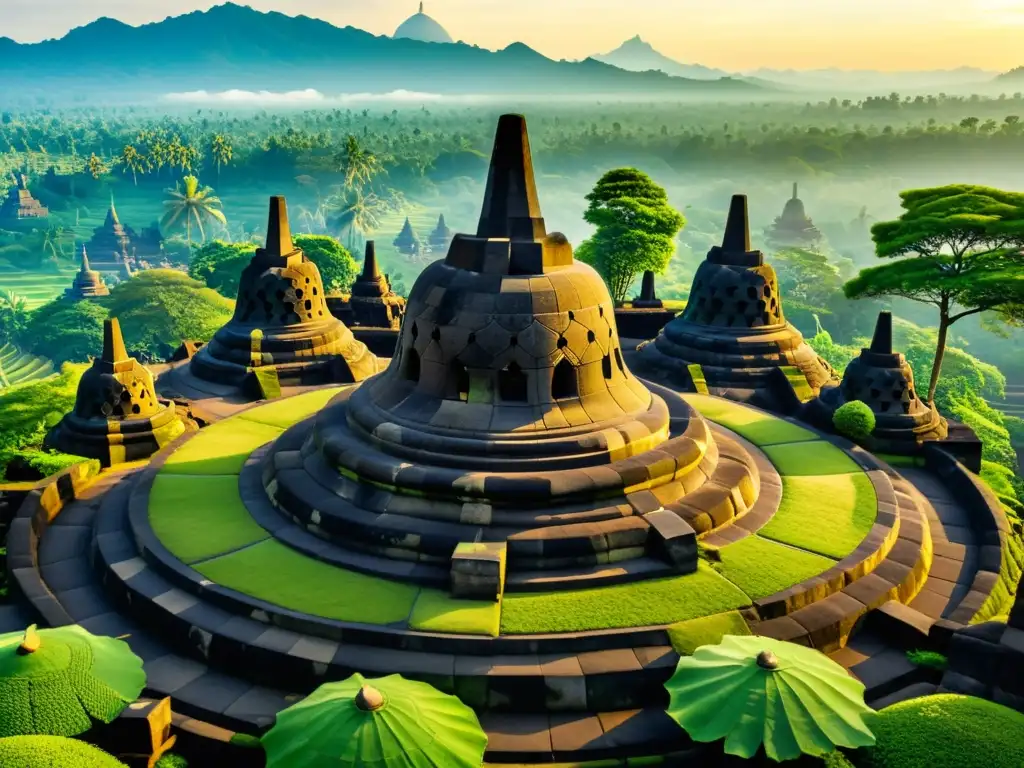 Detalle fotorealista del templo Borobudur en Indonesia, con intrincadas esculturas de piedra, exuberante vegetación y luz cálida