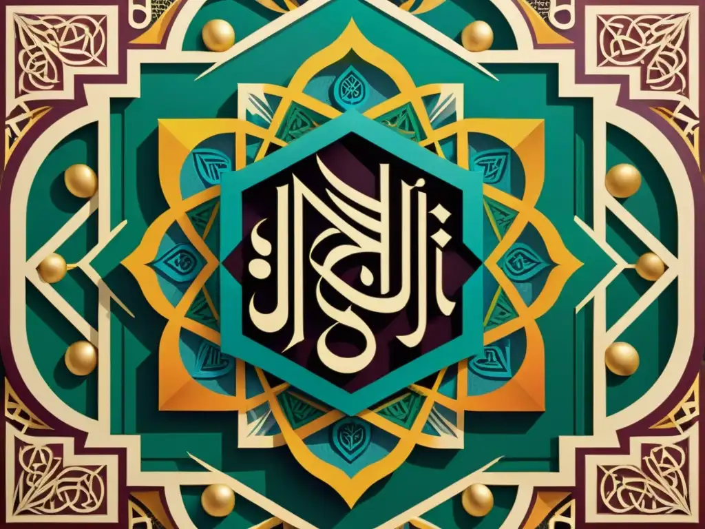 Detalle fotorealista de diseño geométrico islámico con colores vibrantes y detalles intrincados, reflejando la armonía de sonidos en el Islam