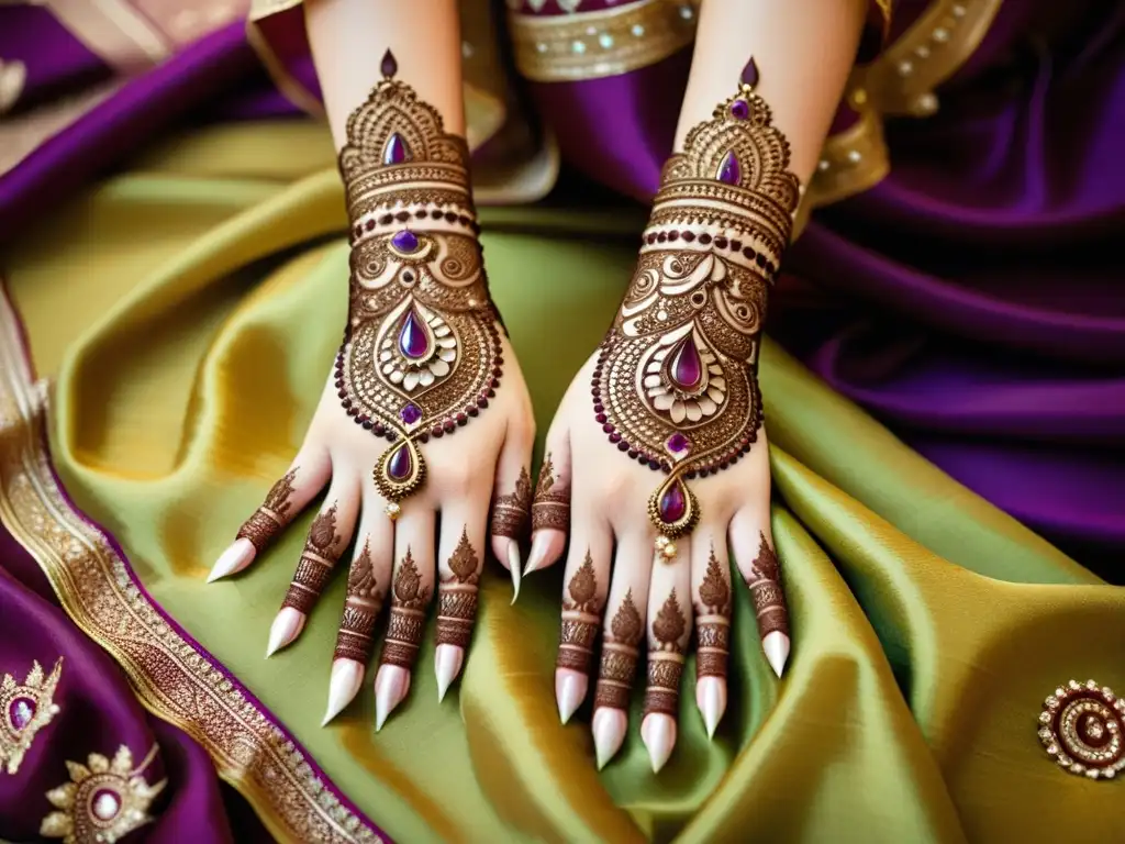 Detalle de diseño de henna en las manos de una novia, mostrando la belleza de las costumbres nupciales en el Islam