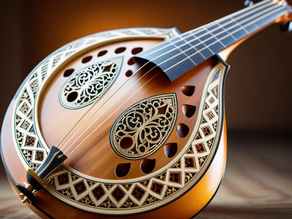 Detalle de un hermoso oud con incrustaciones, evocando la rica herencia musical de los compositores musulmanes clásicos olvidados