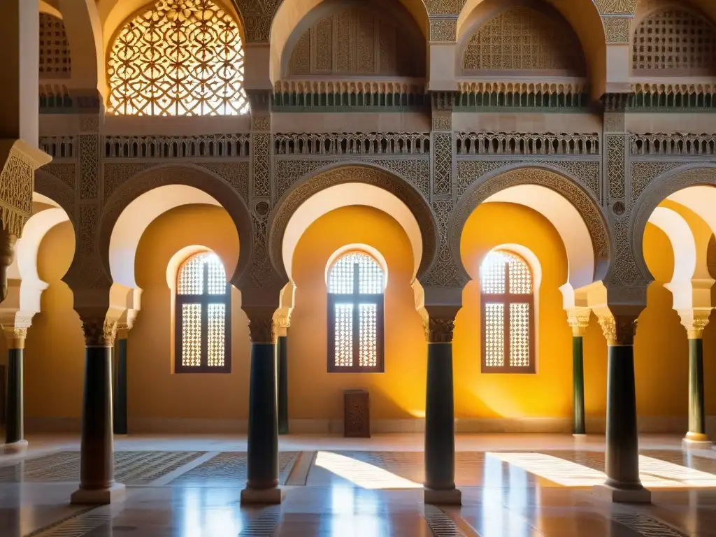 Detalle hipnótico de la arquitectura islámica en AlÁndalus, bañada por la cálida luz dorada