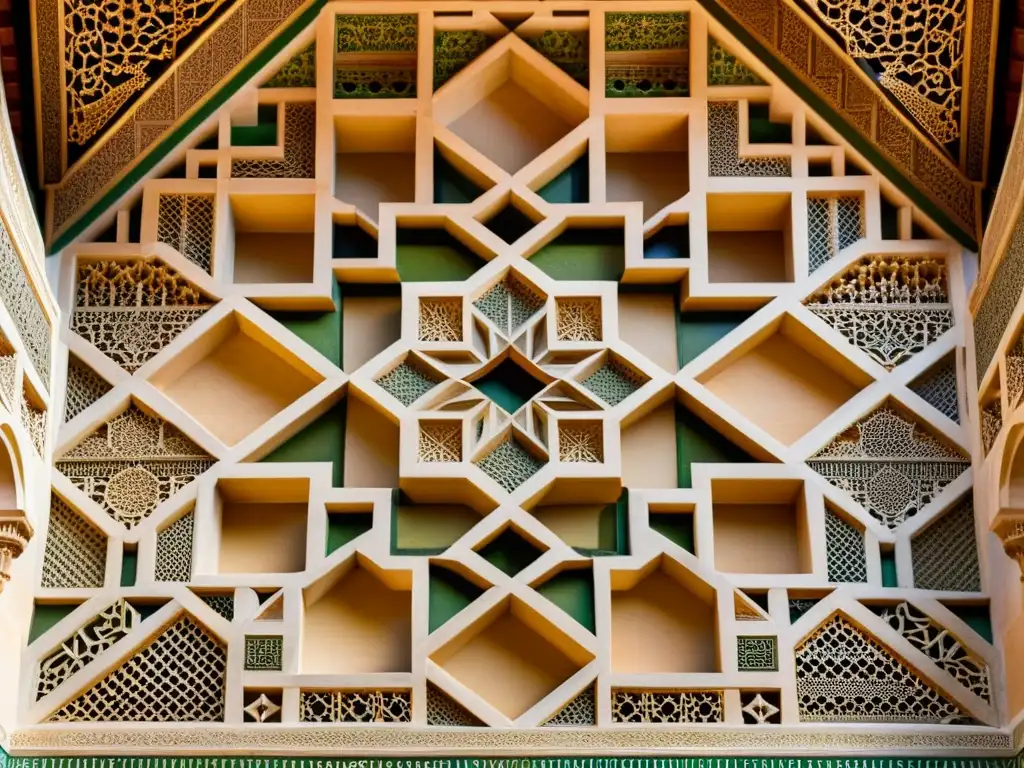 Detalle hipnótico de patrones geométricos en la Alhambra, revelando los secretos matemáticos del arte islámico