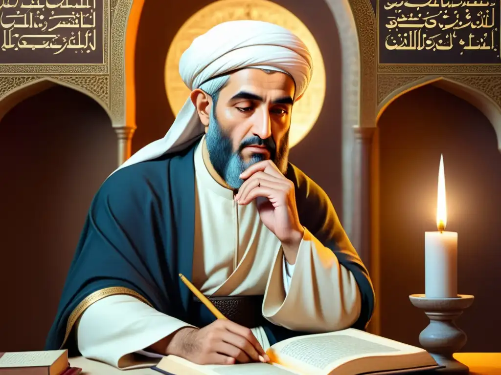 Detalle ilustrado de Ibn Rushd inmerso en la contemplación rodeado de textos islámicos, en una atmósfera intelectual que fusiona razón y fe