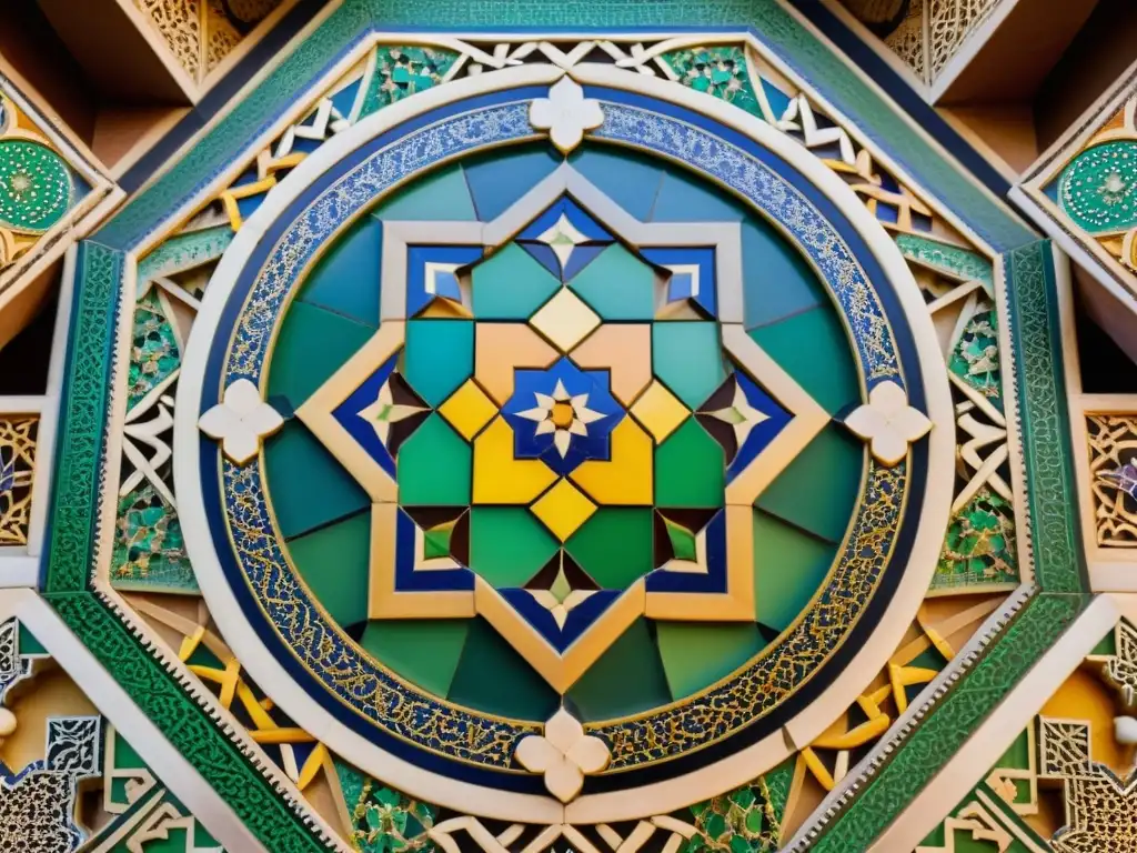 Detalle impactante de mosaico en la Alhambra, arte islámico geometría divina en vibrantes colores y complejidad artística