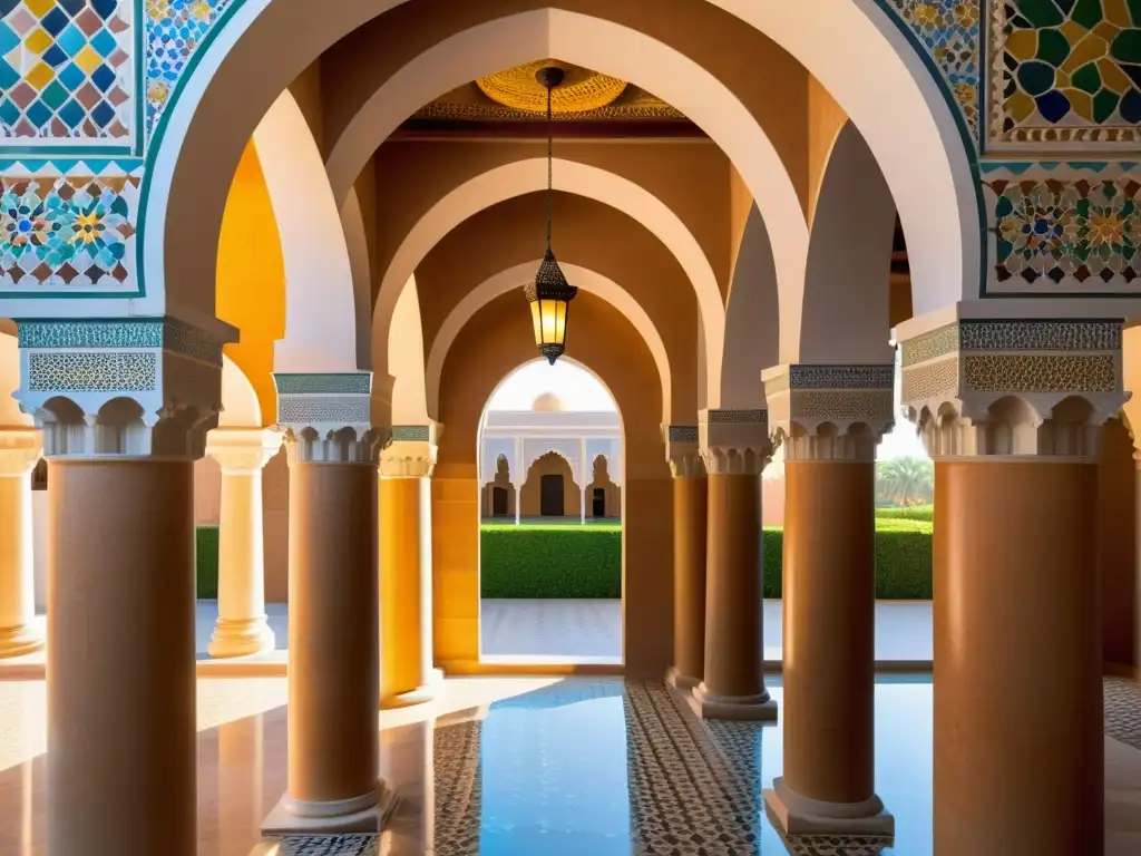 Detalle impresionante de los arcos y azulejos del Palacio de Madinat alZahra, reflejando la opulencia de los Palacios del califato de Córdoba