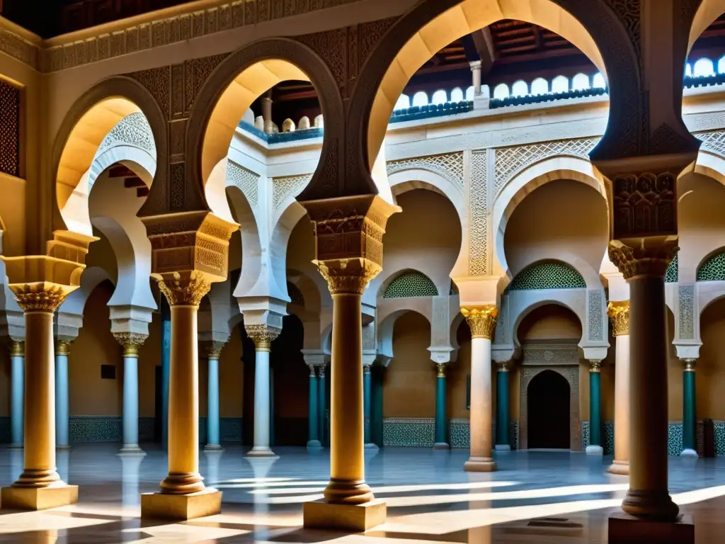 Detalle impresionante de los arcos y columnas de la Gran Mezquita de Córdoba, con juego de luces y sombras