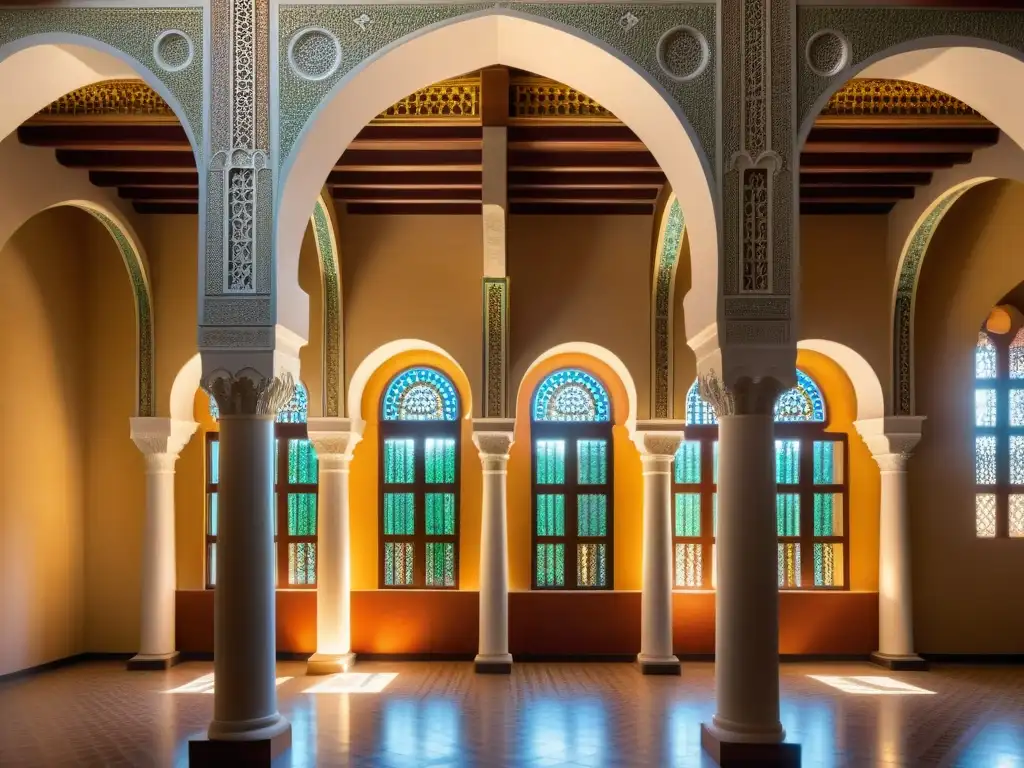 Detalle de la impresionante arquitectura e historia de la Gran Mezquita de Córdoba, con hermosos arcos y azulejos, bañados por la cálida luz solar