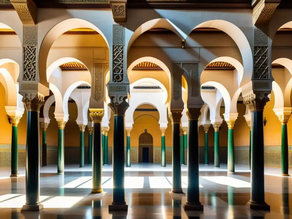 Detalle impresionante de la arquitectura islámica renacimiento italiano en la Gran Mezquita de Córdoba, con arcos, patrones y juego de luces y sombras