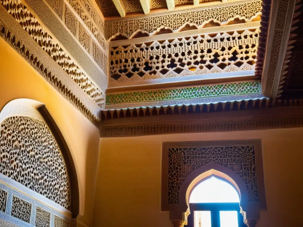 Detalle impresionante de la arquitectura islámica en la Alhambra, Granada, con juegos de luz y sombra