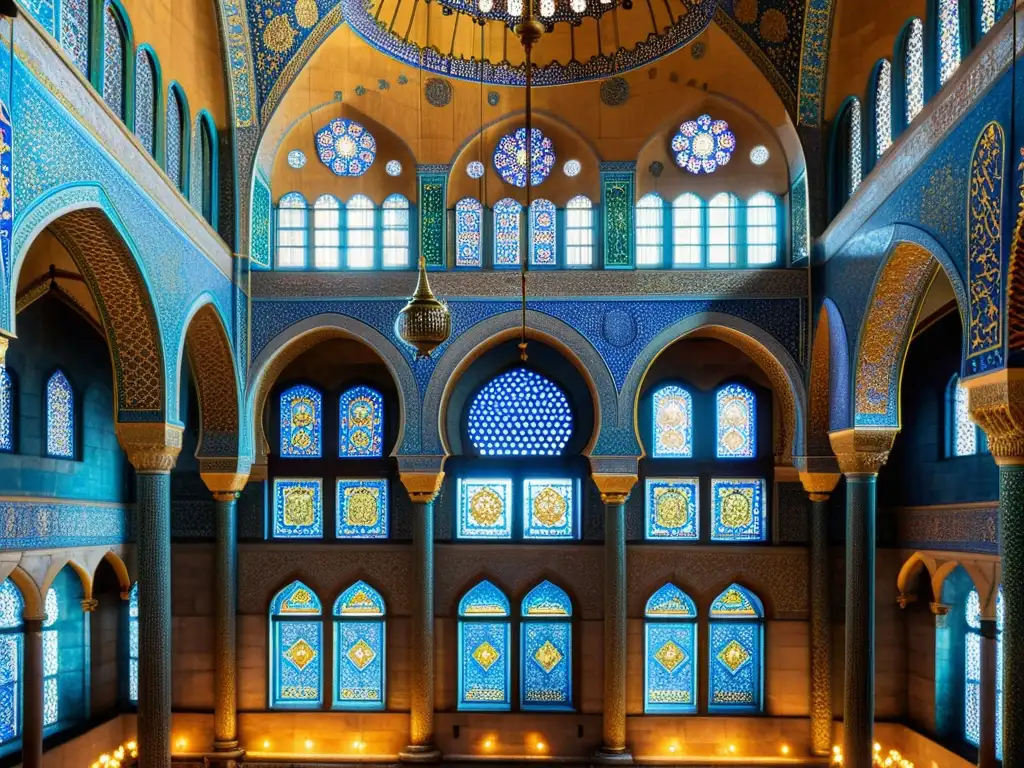 Detalle impresionante de la arquitectura de la mezquita azul en Estambul, resaltando la belleza de las dinastías islámicas