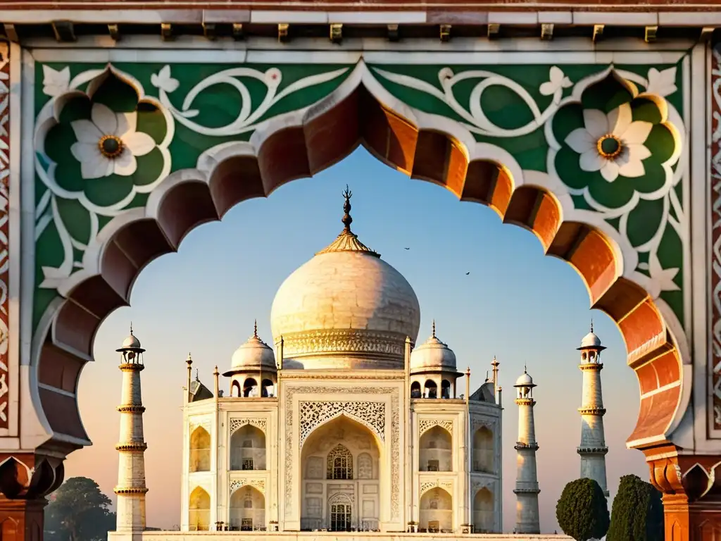 Detalle del impresionante arte islámico en las paredes del Taj Mahal al atardecer, fusionando tradiciones artísticas del subcontinente indio