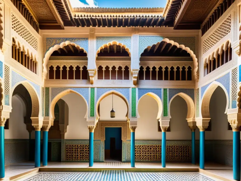 Detalle de la impresionante artesanía de la Madraza Al-Attarine en Fez, Marruecos, con influencias andalusíes