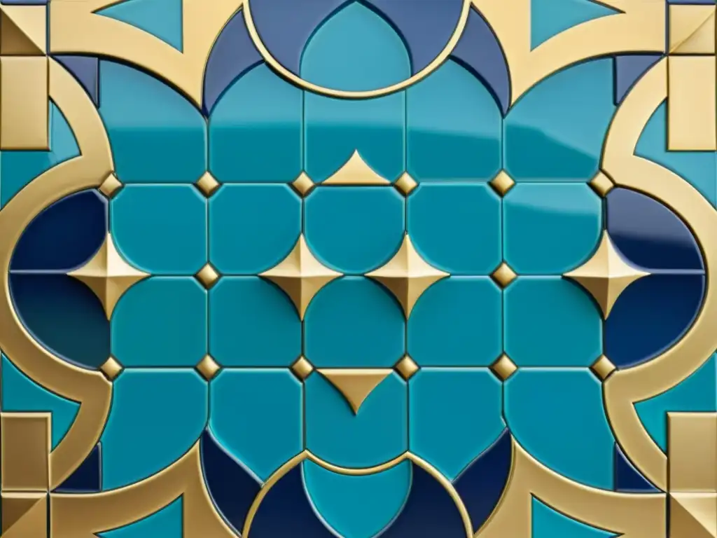 Un detalle impresionante de azulejos geométricos islámicos en tonos vibrantes de azul, turquesa y oro