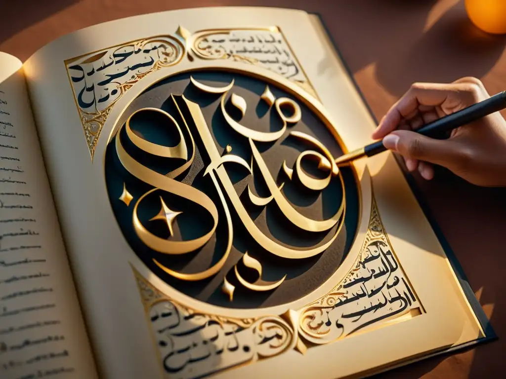 Detalle impresionante de caligrafía islámica poesía arte iluminada por luz dorada