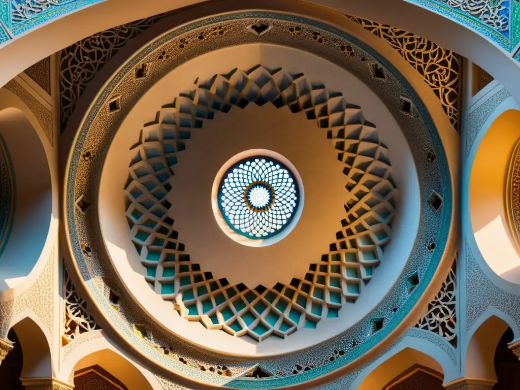 Detalle impresionante de una cúpula islámica con arabescos y azulejos, preservación arquitectura islámica digital