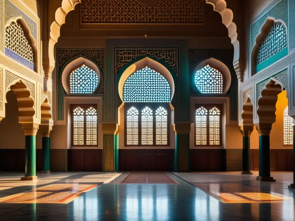 Detalle impresionante de diseño y simbolismo en una mezquita: motivos geométricos, caligrafía y azulejos coloridos