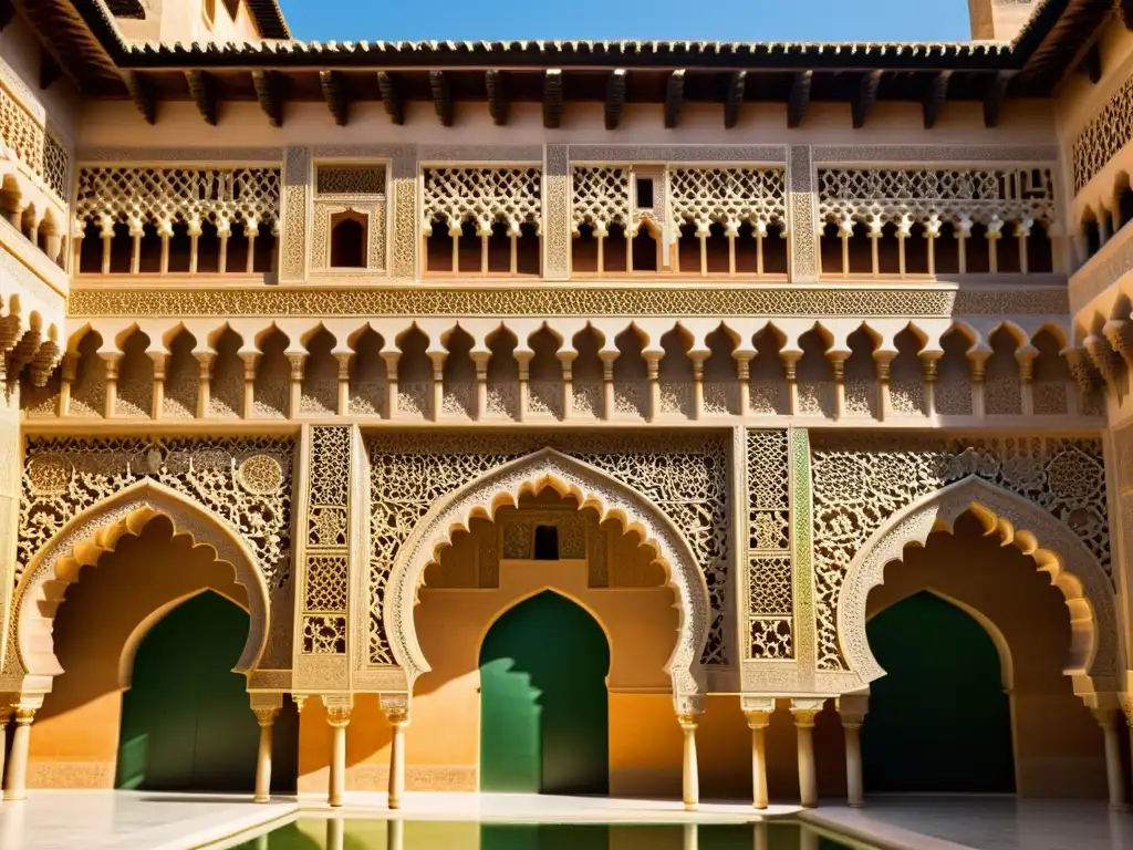 Detalle impresionante de los diseños geométricos en la Alhambra de Granada, mostrando colores vibrantes y sombras intrincadas bajo la luz solar