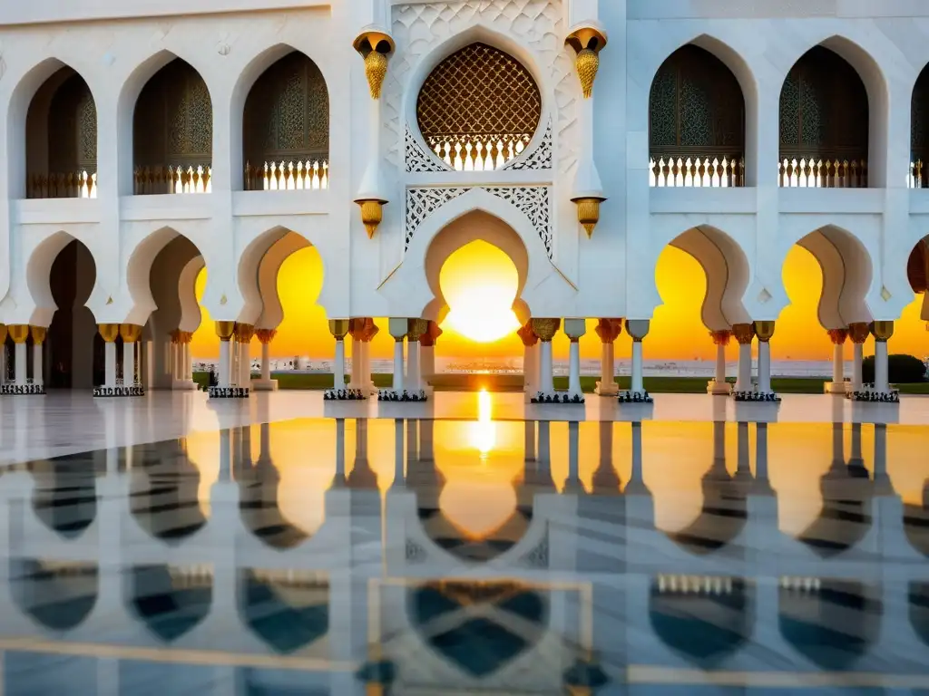 Detalle impresionante de la fachada de mármol blanco de la Mezquita Sheikh Zayed en Abu Dhabi, con patrones geométricos y una cálida luz dorada