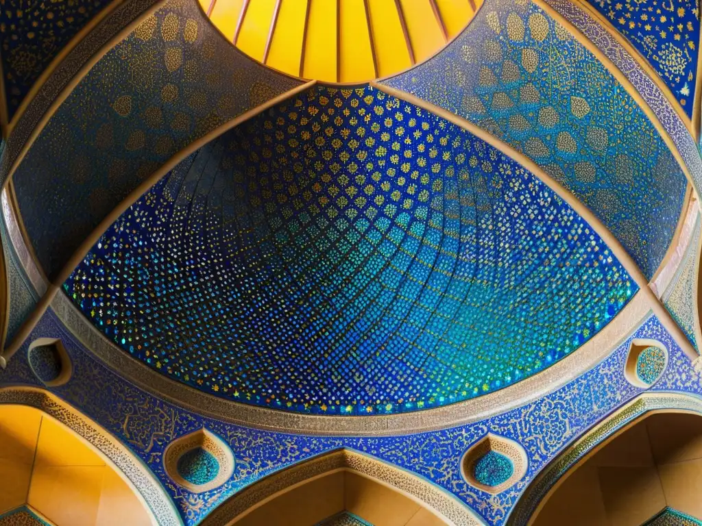 Detalle impresionante de la geometría sagrada en la majestuosa cúpula de la Mezquita Sheikh Lotfollah, Isfahán, Irán