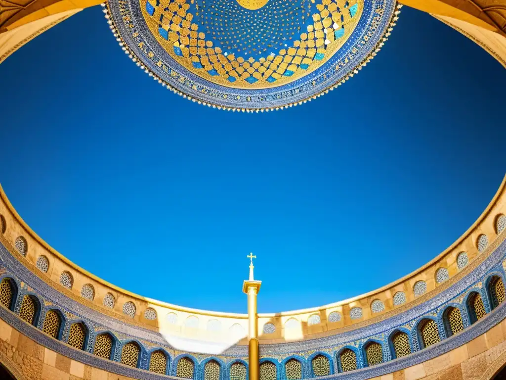 Detalle impresionante de la Geometría Sagrada en el arte islámico: mosaicos azules y dorados en la Cúpula de la Roca