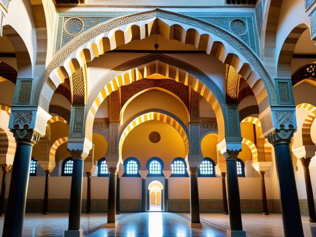 Detalle impresionante de la Gran Mezquita de Córdoba, reflejando la evolución del arte islámico bajo califatos en sus arcos y mosaicos