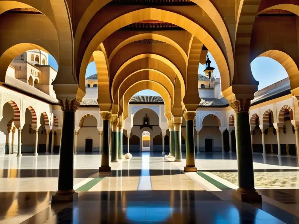 Detalle impresionante de la Gran Mezquita de Córdoba, resaltando la innovadora arquitectura islámica y los aportes científicos del mundo islámico