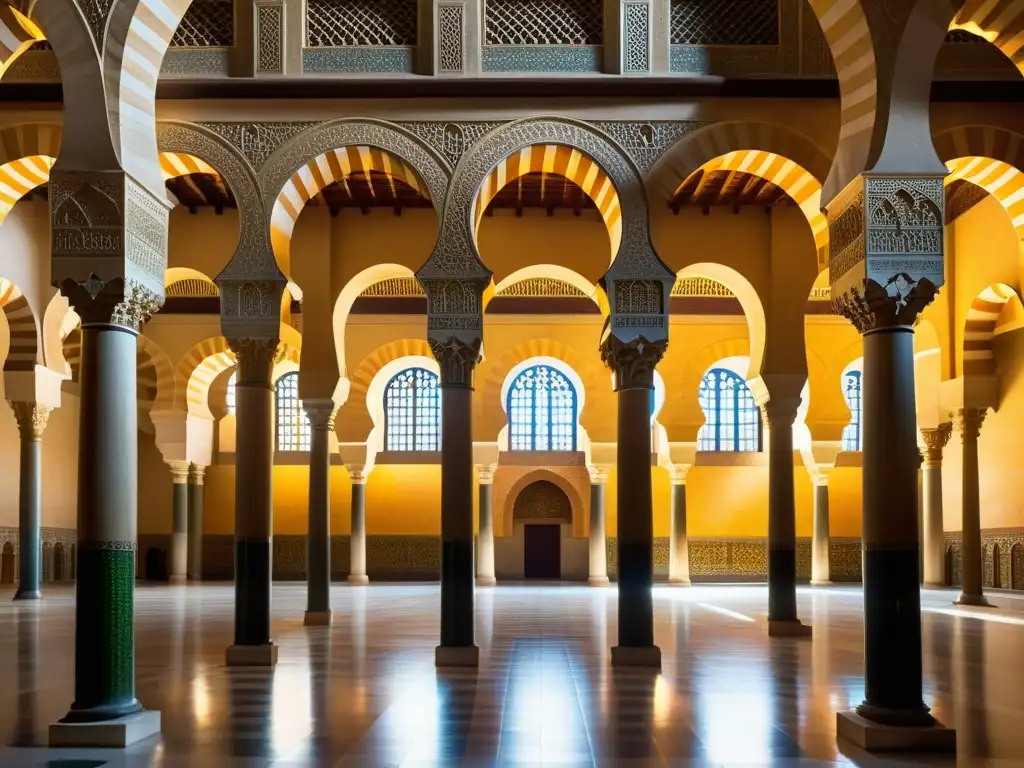 Detalle impresionante de la Gran Mezquita de Córdoba, destacando la arquitectura y la opulencia de la Dinastía Omeya