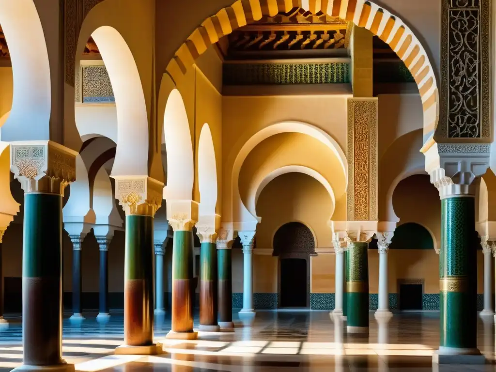 Detalle impresionante de la Gran Mezquita de Córdoba en al-Ándalus, evocando la filosofía en el mundo islámico