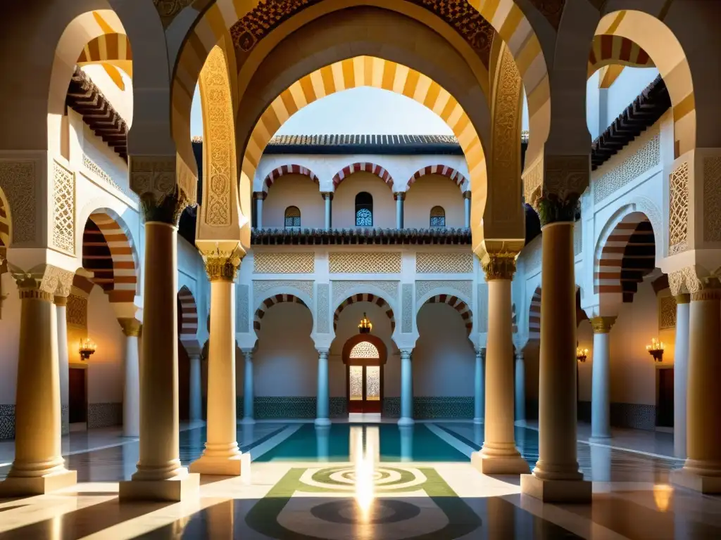 Detalle impresionante de la Gran Mezquita de Córdoba, resaltando arcos, columnas y mihrab con luz solar