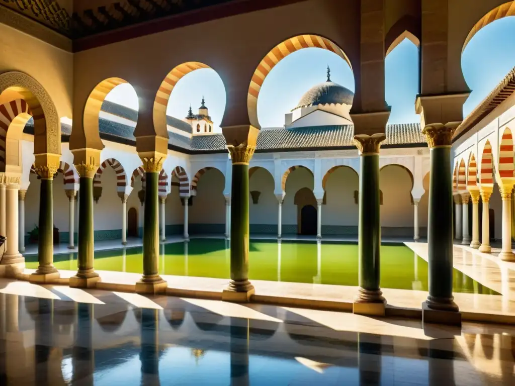 Detalle impresionante de la Gran Mezquita de Córdoba en Al-Andalus, con arcos, columnas y jardín exuberante