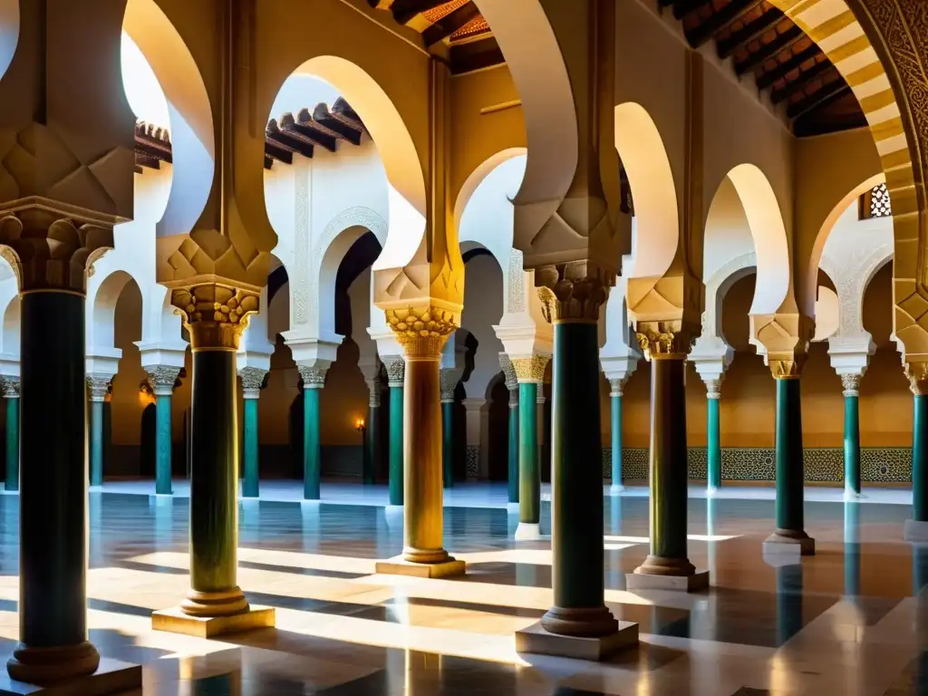 Detalle impresionante de la Gran Mezquita de Córdoba, con arcos de herradura, patrones geométricos y juego de luces y sombras