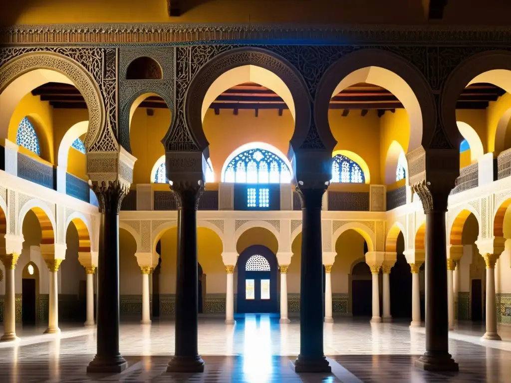 Detalle impresionante de la Gran Mezquita de Córdoba, fusionando historia y arquitectura en una atmósfera cautivadora de luz y sombras