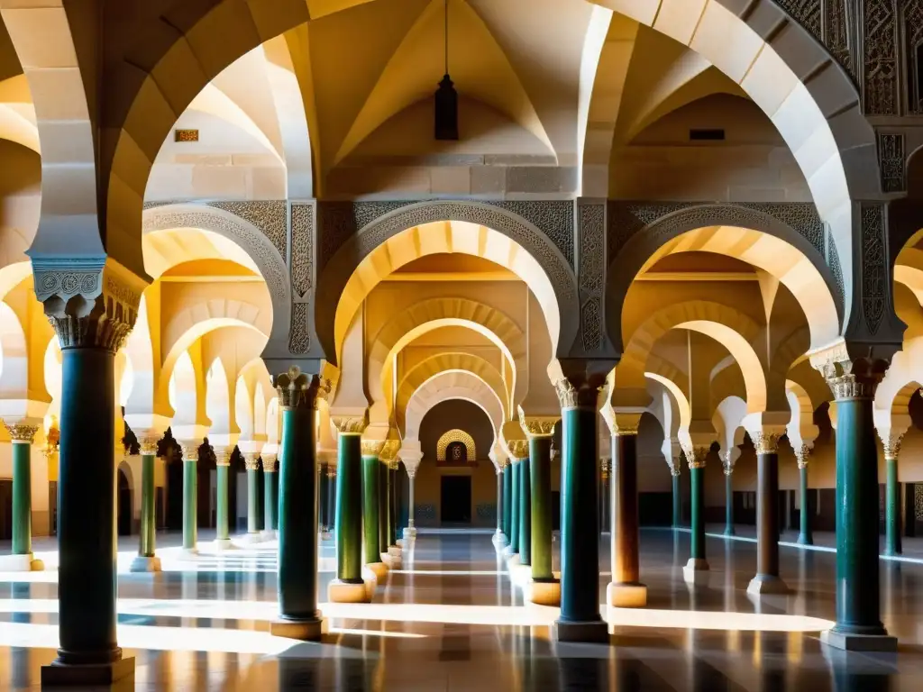 Detalle impresionante de la Gran Mezquita de Córdoba, con sus arcos de herradura y patrones geométricos, evocando la grandiosidad y serenidad de la arquitectura califal islámica