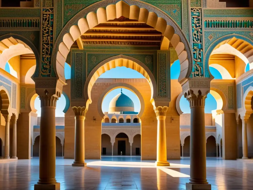 Detalle impresionante de la Gran Mezquita de Kairouan, reflejando la evolución del arte islámico bajo califatos